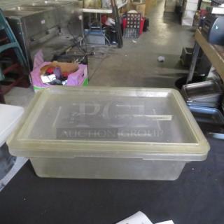 Cambro 3-gallon food storage container with lid, made of durable plastic, in used condition.