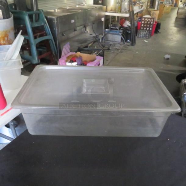 Cambro full-size 6-inch deep food storage container with lid, clear plastic, used condition, ideal for kitchen storage.