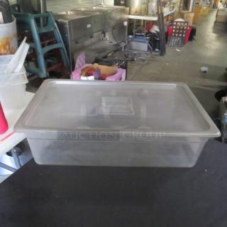 Cambro full-size 6-inch deep food storage container with lid, clear plastic, used condition, ideal for kitchen storage.