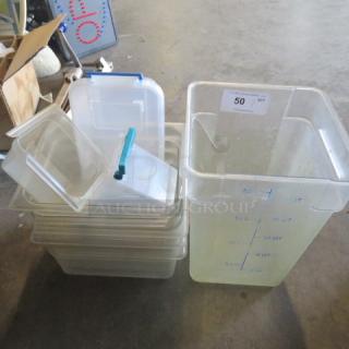 One lot of assorted plastic storage containers with lids, varying sizes, translucent with measurement markings, used condition.