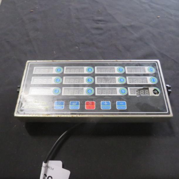 One Calculagraph Multi Channel Timer, Model CAL-12C, features multiple digital displays and control buttons. Good condition.