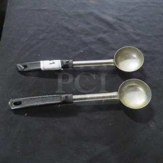 Assorted set of two spoodles with stainless steel bowls and black handles, labeled "2XBID 1", in good condition.
