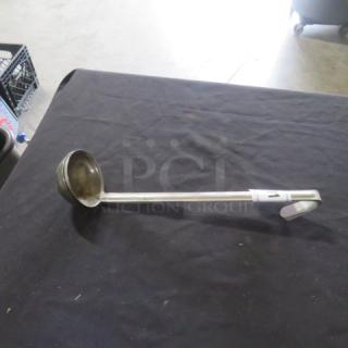 4oz stainless steel ladle, used condition, long handle. Marked "2XBID". Ideal for soups or sauces.