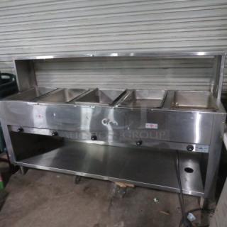 Advance Tabco SS 5 Well Steam Table with under shelf, SS over shelf, plexiglass sneeze guard, on casters. Model HF-5E-240-BS. 78x23x50 inches.
