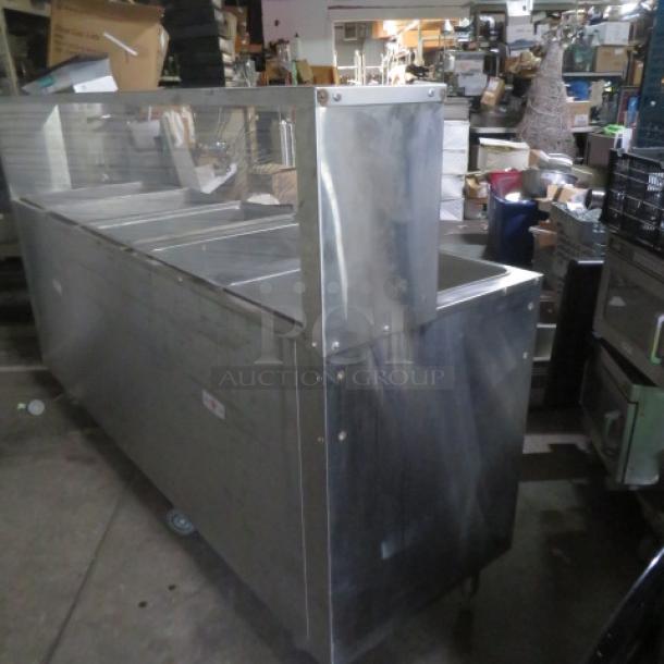 Advance Tabco SS 5 Well Steam Table, Model HF-5E-240-BS, with undershelf, SS overshelf, plexiglass sneeze guard, casters.