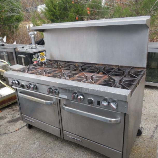 Southbend 10-burner natural gas range with 4 racks, stainless steel overshelf, on casters, dimensions 60.5x34x60.