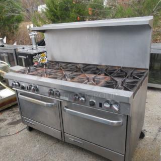 Southbend 10-burner natural gas range with 4 racks, stainless steel overshelf, on casters, dimensions 60.5x34x60.