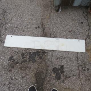 White 44x7 cutting board, rectangular with rounded corners, two holes at ends, slight discoloration, used condition.