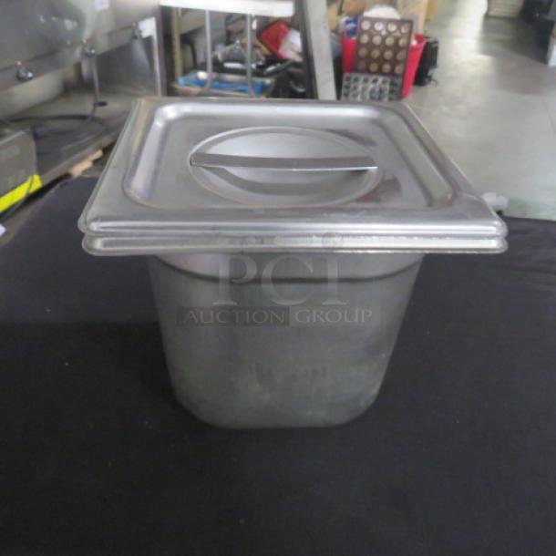 1/6 size 6-inch deep hotel pan with lid, stainless steel, used condition, model 5XBID.