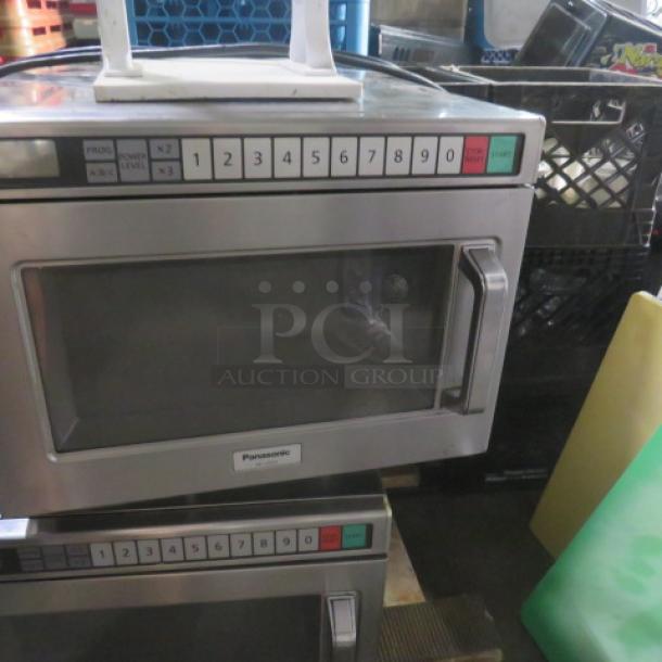 Panasonic Commercial Microwave, Model NE-12521, stainless steel, keypad controls, 16.5x21x12 inches, 120 Volt.