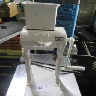 Weston pasta maker with hand crank, white, visible rust spots, marked "LCOMB" and "Weston." Used condition.