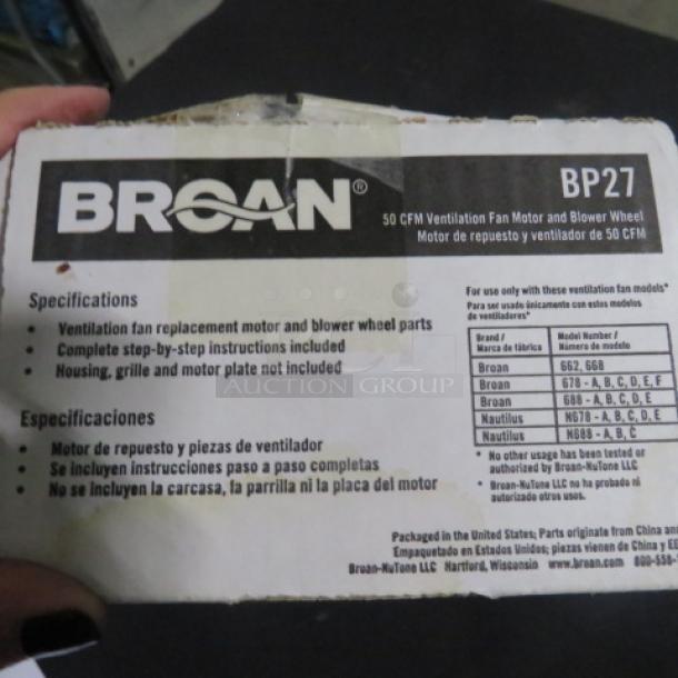 Broan BP27 fan motor and blower wheel in original packaging, includes specifications and compatible model list. 50 CFM capacity.