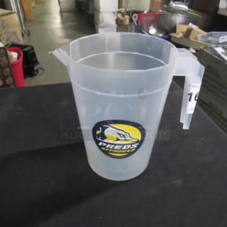 Clear plastic pitcher with handle, featuring Preds logo; used condition.
