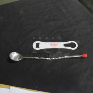 Assorted bar utensils featuring a twisted cocktail spoon with a red tip and a white bottle opener labeled "Lo Siento Tequila."