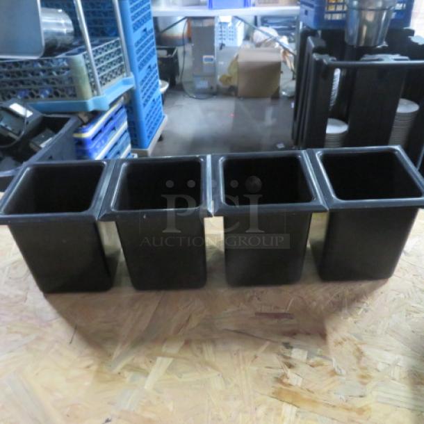 Poly Bottle Holder 4XBID, black, four compartments, durable plastic, good condition, industrial use.