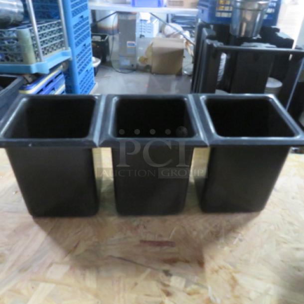 Poly Bottle Holder 3XBID, black, three compartments, sturdy design, ideal for organizing bottles, good condition.