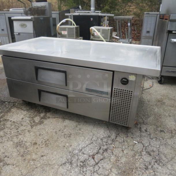 True 2 Drawer Chef Base on Casters, Model TRCB-52-60, stainless steel, 60x32x24, visible logo, excellent condition.