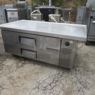 True 2 Drawer Chef Base on Casters, Model TRCB-52-60, stainless steel, 60x32x24, visible logo, excellent condition.
