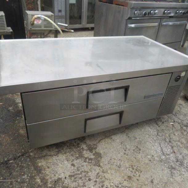 True 2 Drawer Chef Base on Casters, Model TRCB-52-60, stainless steel, 60x32x24 inches, used condition, commercial kitchen use.