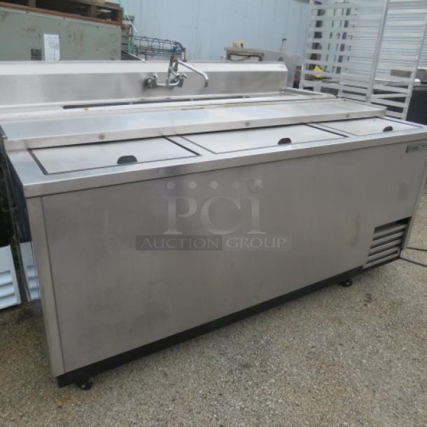 True refrigerated bottle box on casters, Model TD-80-30-S-HC, stainless steel, 80x27x37 inches, 115 Volt.