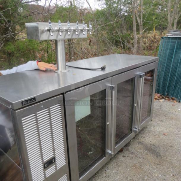 Perlick glass door kegerator with six-tap tower, model BBSN-72-RO-1, on casters. 115V. Mint condition.