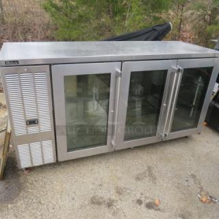 Perlick glass door refrigerated 3-door back bar cooler, Model BBSN-72-RO-1, with 2 racks, on casters, 115V, 72x25x38 inches.