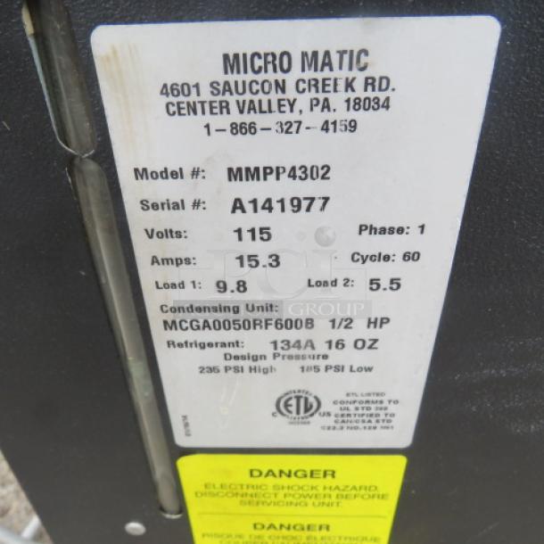 Micromatic Glycol Chiller, Model MMPP4302, 115V, 18x20x31 inches, excellent condition, labeled with specs and hazard warnings.