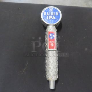 "One Beer Tap Handle for Raider IPA, metal with blue round top, diamond pattern grip, 'Crafted in TN' label, excellent condition."