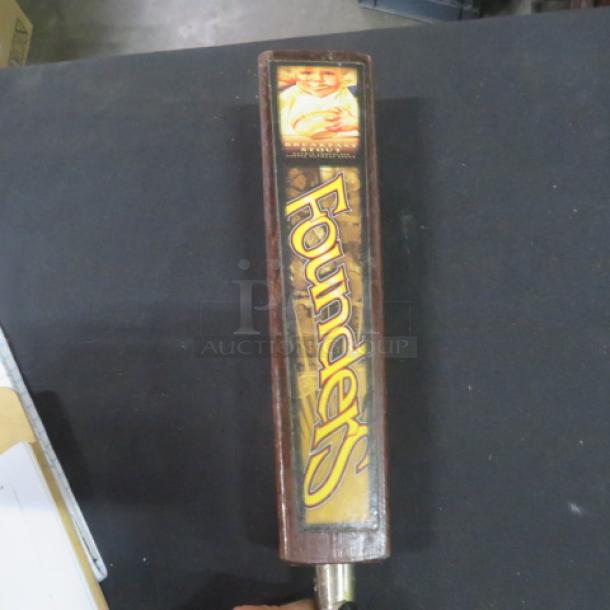 Founders beer tap handle, rectangular wooden design, featuring the Founders logo and artwork. Good condition.