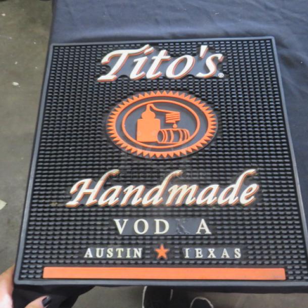 16x16 Tito's Handmade Vodka bar mat, black with orange and white logo, "Austin Texas" text. Excellent condition.
