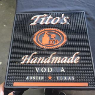 16x16 Tito's Handmade Vodka bar mat, black with orange and white logo, "Austin Texas" text. Excellent condition.