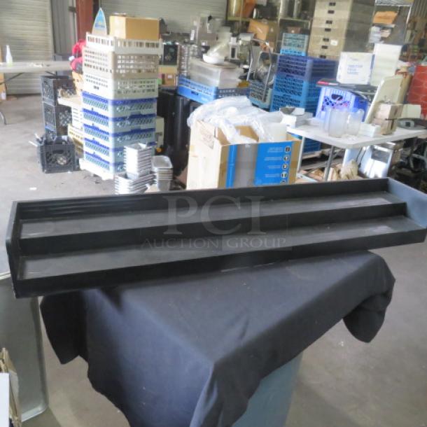 Wooden 2-tier bottle display, 48x9x6 inches, black finish. Ideal for showcasing bottles. Good condition.