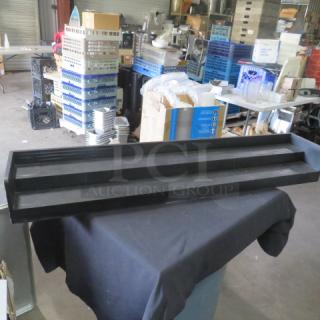 Wooden 2-tier bottle display, 48x9x6 inches, black finish. Ideal for showcasing bottles. Good condition.