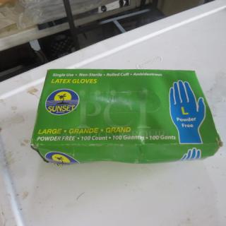 Box of Sunset brand size large disposable latex gloves, powder-free, 100 count, non-sterile, ambidextrous.