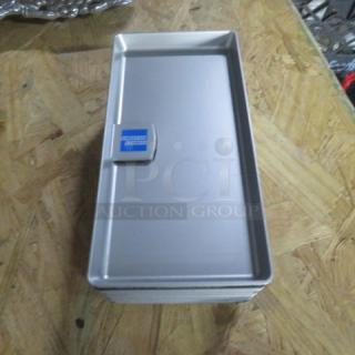 Lot of 8 American Express check holders, silver color, stacked view. Features logo on top. Suitable for commercial use.