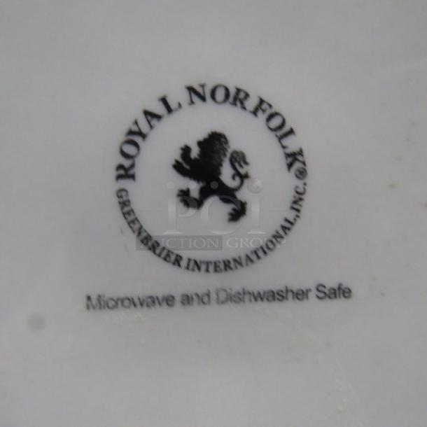 Royal Norfolk 10.5-inch plate, featuring maker's mark and "Microwave and Dishwasher Safe" text, excellent condition.