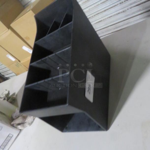 Black poly organizer, dimensions 8.5x17x14.5 inches, featuring multiple compartments. Excellent condition with visible label.