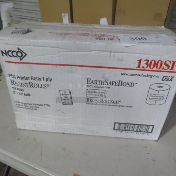 Case of NCCO POS Printer Rolls, model #1300SP, 1-ply, 3-1/8" x 230', featuring EarthSafeBond Recycled Fiber.