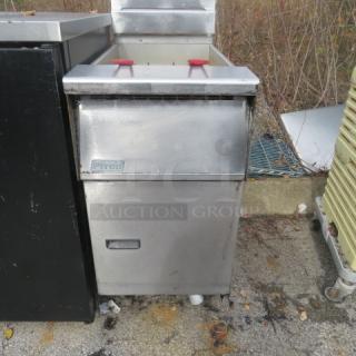 Pitco natural gas deep fryer with 2 baskets, on casters, 16x35x46 inches, stainless steel, industrial-grade, used condition.