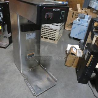 Bunn 3 Gallon Tea Brewer, Model TB3Q, in stainless steel. Features control panel and spout. Dimensions 12x21x31 inches.