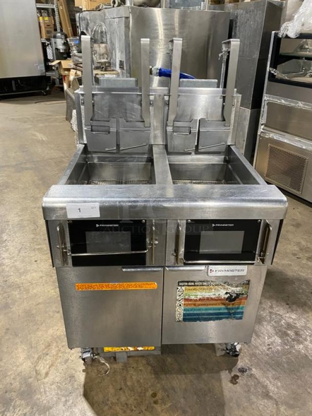 Frymaster dual-tank commercial fryer, stainless steel, natural gas, model 2FQG30U0ZQTZBNG, on casters, with basket hanger.