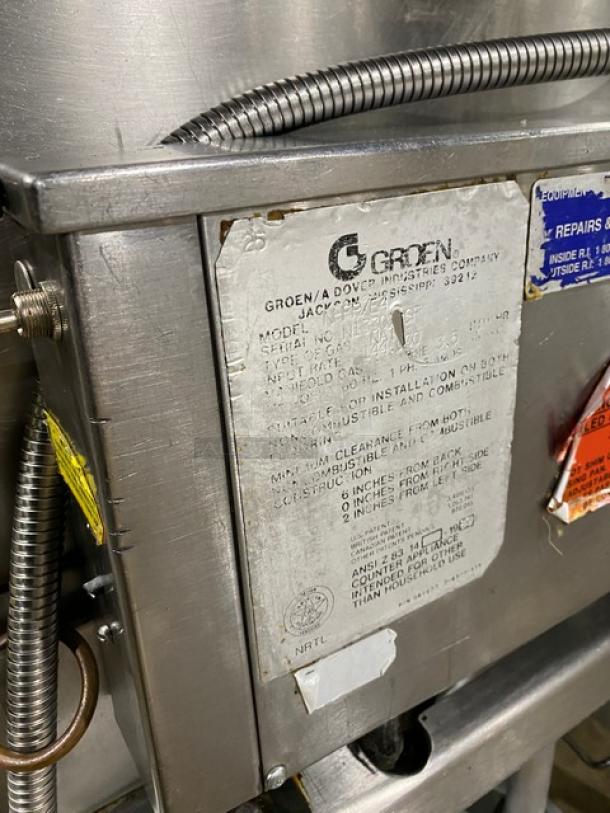 Groen Commercial Stainless Steel 40 Gal. Ultra Tilt Skillet Model NHFP/E4, SN N1330-CF, with leg supports and single spout faucet.