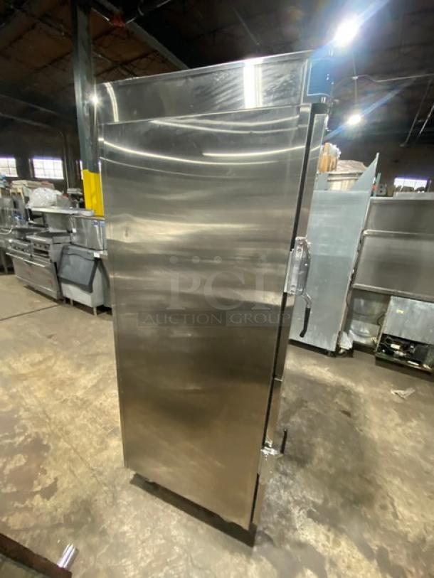 Alto-Shaam 1200-UP/SR commercial stainless steel heated cabinet with dual compartments, Dutch doors, and casters.