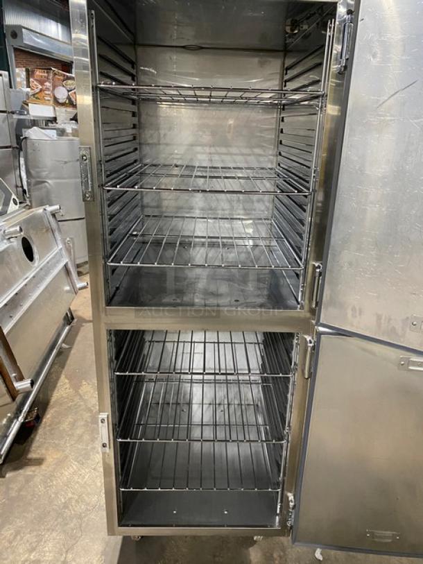 Alto-Shaam Halo Heat stainless steel dual-compartment cabinet, Model 1200UPSR, with wired racks and upper/lower controls.