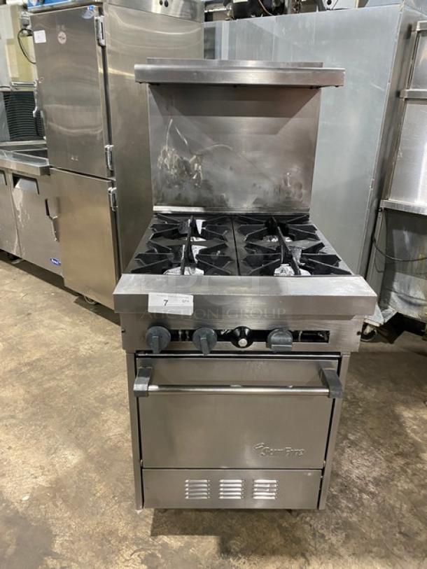 SunFire commercial stainless steel 4-burner range/oven combo, natural gas, with backsplash, overhead salamander shelf, wired oven rack, on legs.
