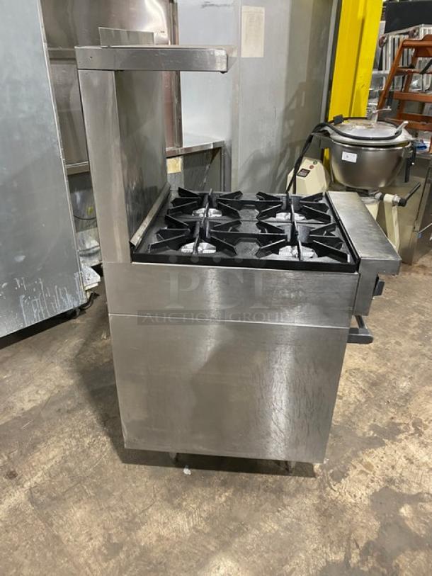 SunFire 4-burner stainless steel range/oven combo, natural gas, with backsplash, salamander shelf, and wired oven rack.