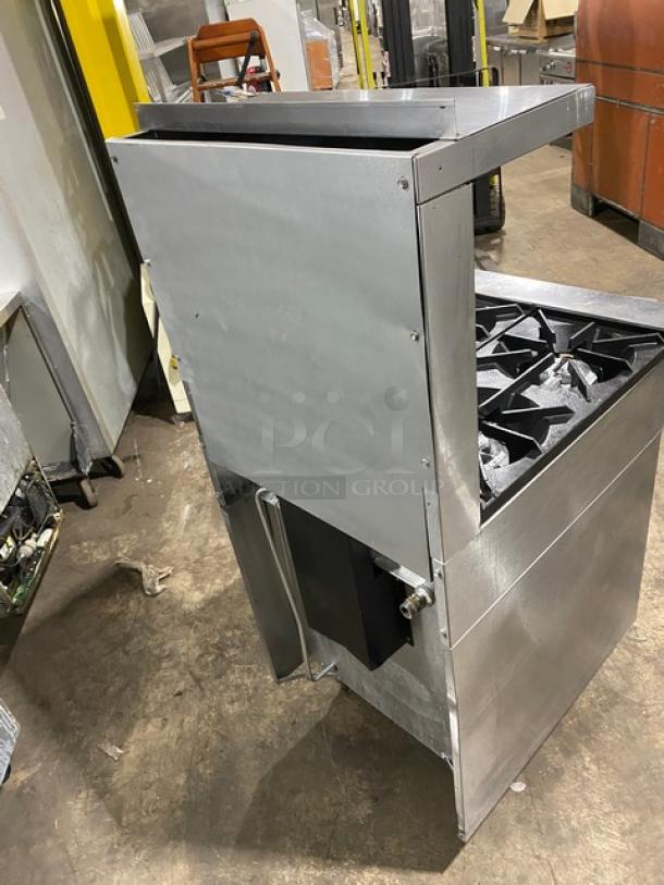 SunFire stainless steel 4-burner range/oven combo with backsplash, overhead salamander shelf, and wired oven rack.