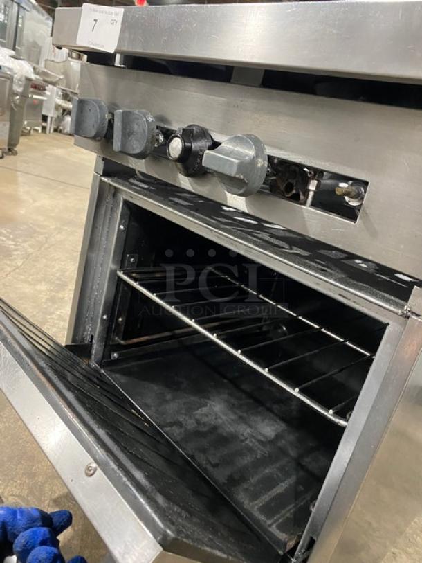 SunFire commercial stainless steel 4-burner range/oven combo, natural gas, with back splash, overhead salamander shelf, and wired oven rack.