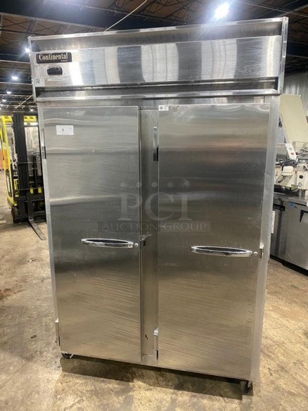 Continental stainless steel 2-door reach-in freezer, Model 2F, with poly-coated wired rack and casters, 115V 1 Phase.