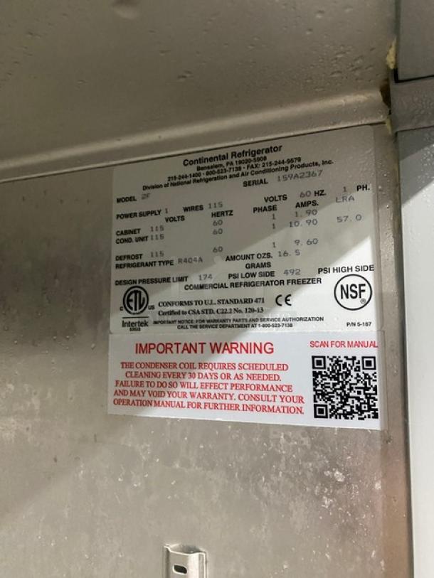 Continental 2F commercial stainless steel 2-door reach-in freezer with poly-coated wired rack, model 2F, on casters.